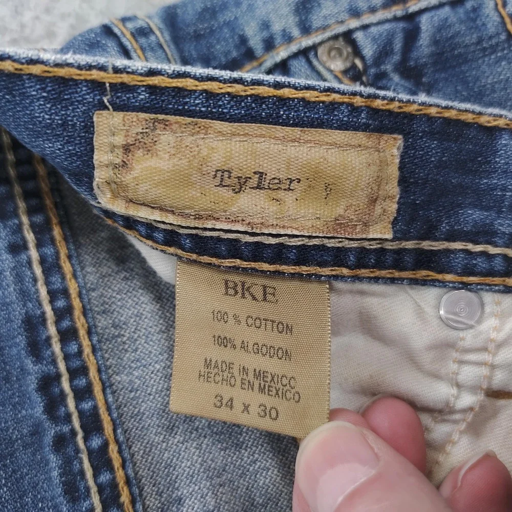 BKE Tyler Jeans Mens 34x30 Blue Wide Flare Leg Denim Distressed Faded Mexico